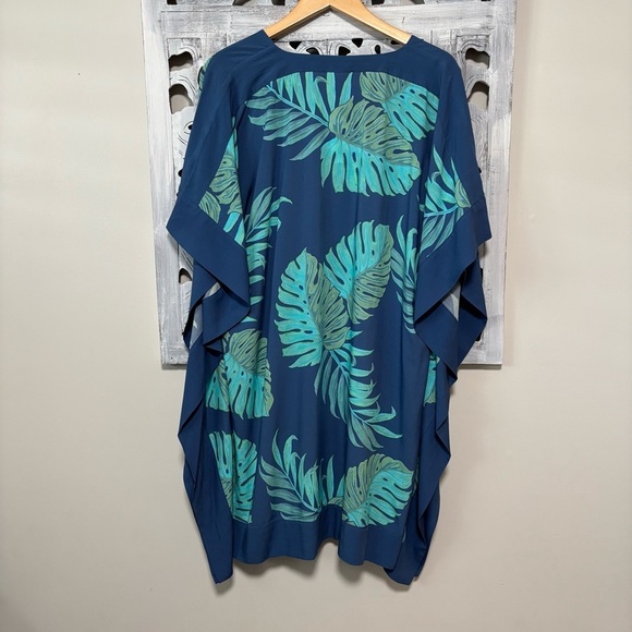 New Reyn Spooner Blue/Green Monstera Leaf Kaftan Rayon Swim Cover Dress Size XL - Picture 2 of 7